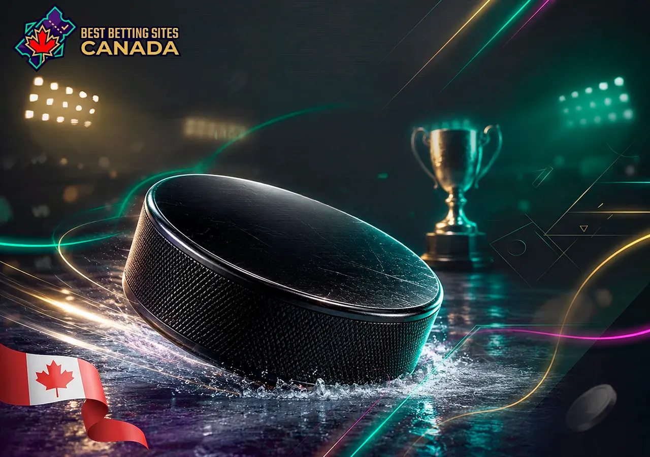 NHL betting and Stanley Cup odds, a hockey puck on the ice with neon lines.