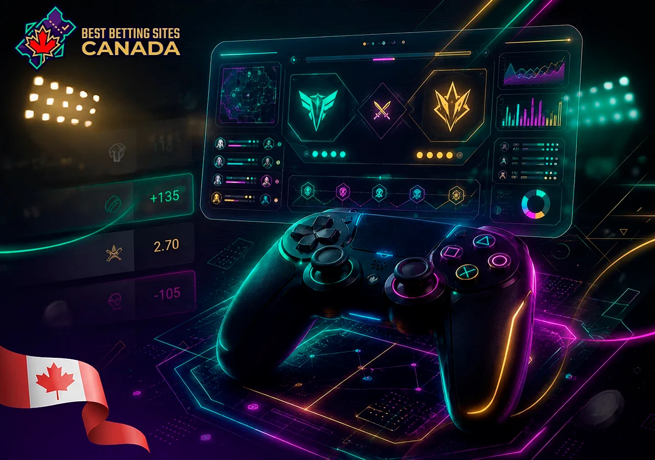 The best esports betting sites in Canada, a gamepad in a neon futuristic style.